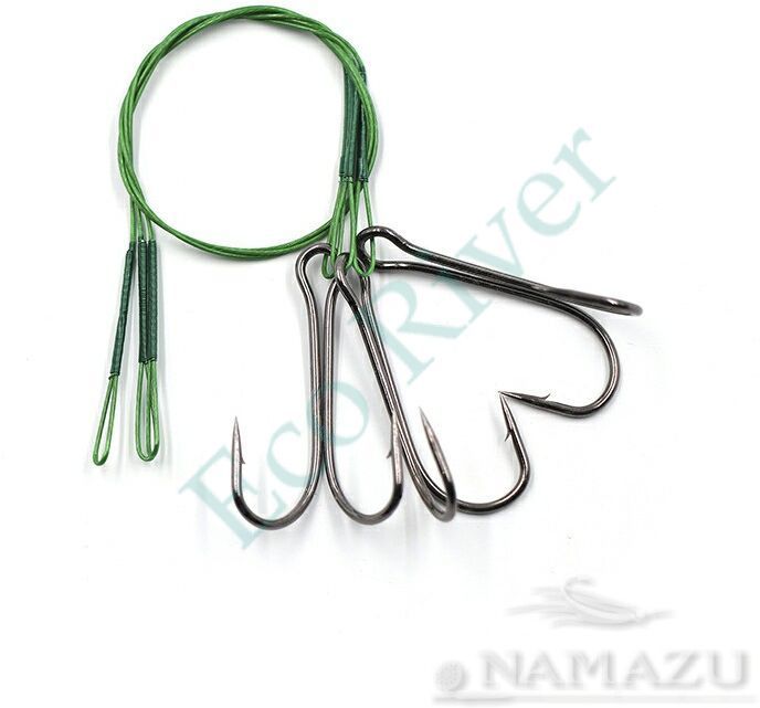 Поводок стальной Namazu Leader 1х7 Nylon Coated Green, d-0,39 мм, L-20 см, с двойным крючком 7826 Do